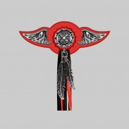 Croix de Malte chaîne – aile à riveter cuir et motif étain - avec plumes, rondelle rouge, franges noires et rouges
