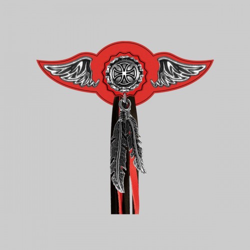 Maltese Cross with Chain – leather rivet-on wing with pewter motif - with feathers, red washer, black and red tassels