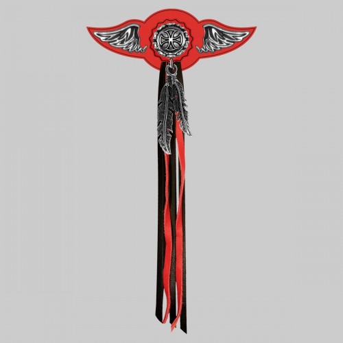 Maltese Cross with Chain – leather rivet-on wing with pewter motif - with feathers, red washer, black and red tassels