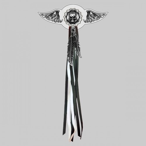 Skull with Chain – leather rivet-on wing with pewter motif - with feathers, white washer, black and white tassels
