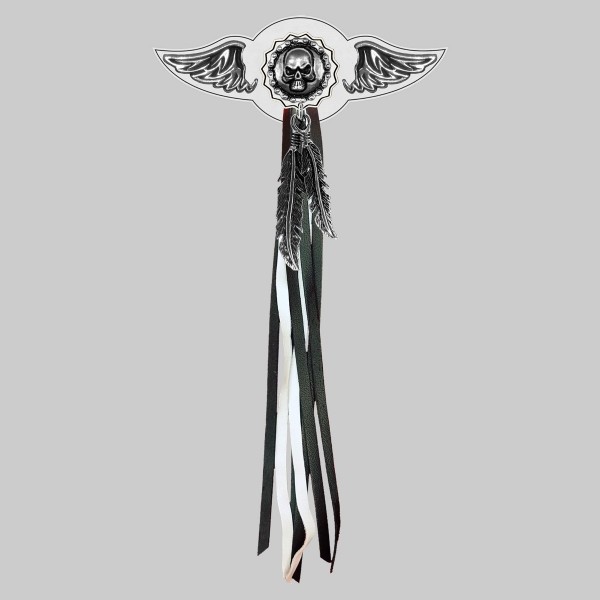 Tête de mort chaîne – aile à riveter cuir et motif étain - avec plumes, rondelle blanche, franges noires et blanches