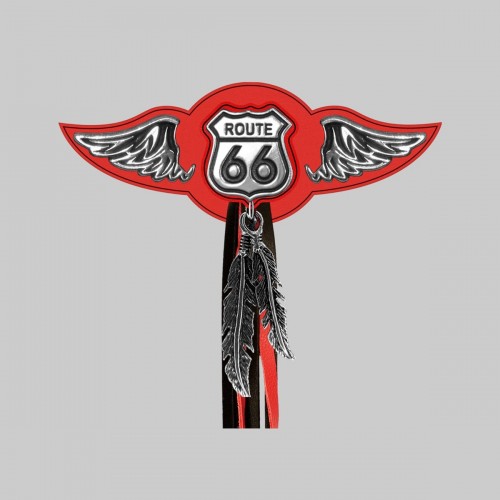 Route 66 – leather rivet-on wing with pewter motif - with feathers, red washer, black and red tassels