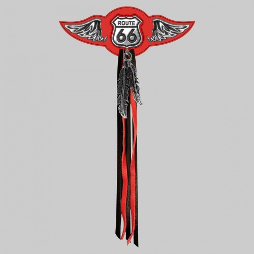 Route 66 – leather rivet-on wing with pewter motif - with feathers, red washer, black and red tassels