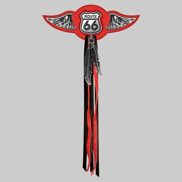 Route 66 – leather rivet-on wing with pewter motif - with feathers, red washer, black and red tassels