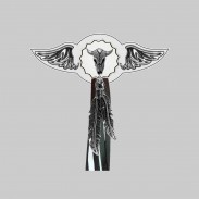 Crâne de bison – aile à riveter cuir et motif étain - avec plumes, rondelle blanche, franges noires et blanches