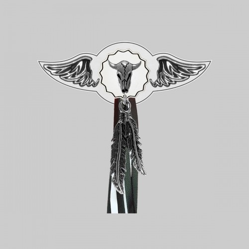 Buffalo Skull – leather rivet-on wing with pewter motif - with feathers, white washer, black and white tassels