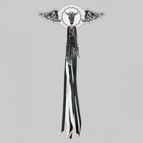 Buffalo Skull – leather rivet-on wing with pewter motif - with feathers, white washer, black and white tassels