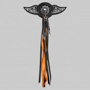 Tête de mort et roses – aile à riveter cuir et motif étain - avec plumes, rondelle noire, franges noires et orange