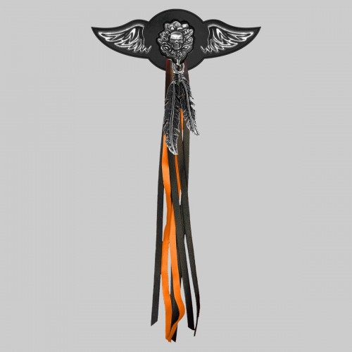 Skull and Roses – leather rivet-on wing with pewter motif - with feathers, black washer, black and orange tassels