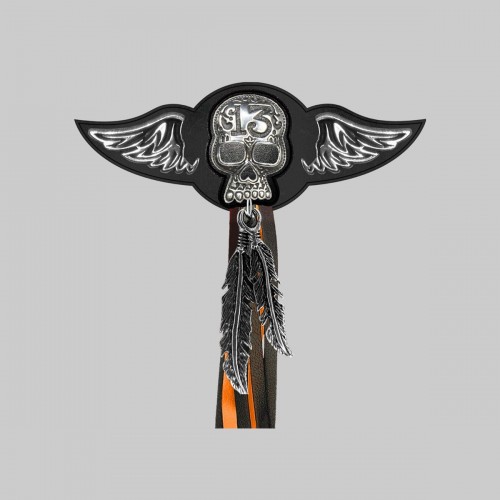 Skull 13 – leather rivet-on wing with pewter motif - with feathers, black washer, black and orange tassels