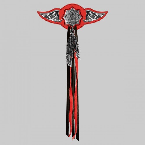Mandala – leather rivet-on wing with pewter motif - with feathers, red washer, black and red tassels