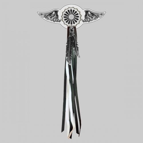 La Roulotte Sun Concho – leather rivet-on wing with pewter motif - with feathers, white washer, black and white tassels