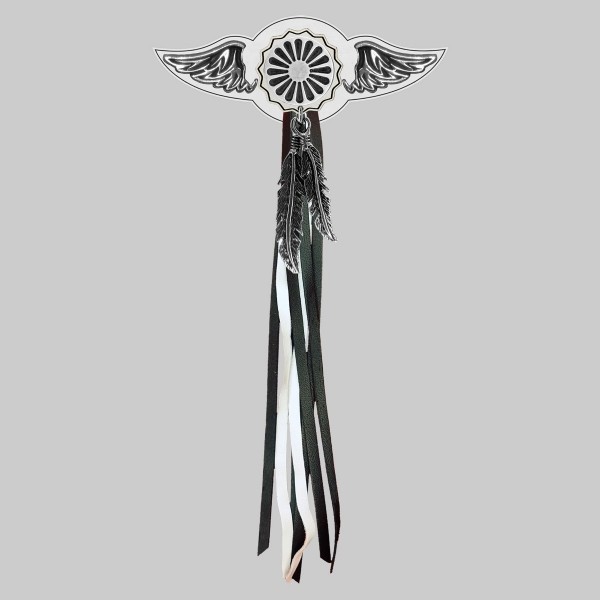 La Roulotte Sun Concho – leather rivet-on wing with pewter motif - with feathers, white washer, black and white tassels