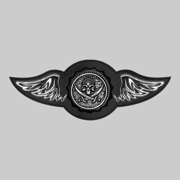Tête de mort pirate – aile à riveter cuir et motif étain - sans plumes, rondelle noire