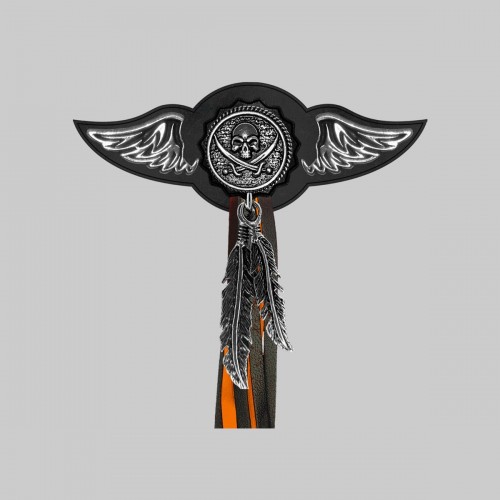 Pirate Skull – leather rivet-on wing with pewter motif - with feathers, black washer, black and orange tassels