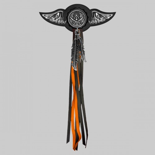 Pirate Skull – leather rivet-on wing with pewter motif - with feathers, black washer, black and orange tassels