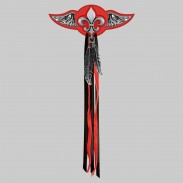 Fleur de lys – aile à riveter cuir et motif étain - avec plumes, rondelle rouge, franges noires et rouges