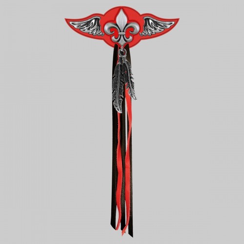 Fleur-de-lis – leather rivet-on wing with pewter motif - with feathers, red washer, black and red tassels