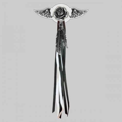 Blooming Rose – leather rivet-on wing with pewter motif - with feathers, white washer, black and white tassels