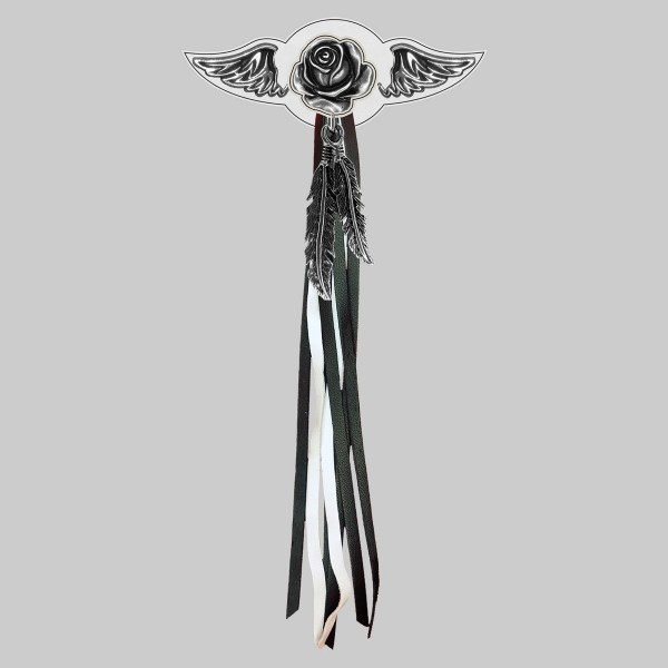 Blooming Rose – leather rivet-on wing with pewter motif - with feathers, white washer, black and white tassels