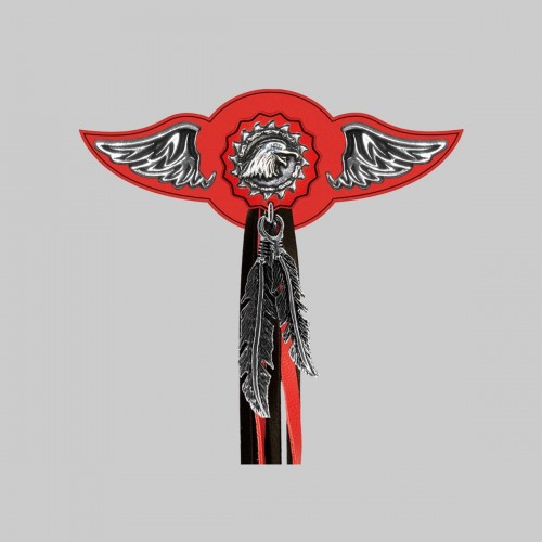 Eagle with Chain – leather rivet-on wing with pewter motif - with feathers, red washer, black and red tassels