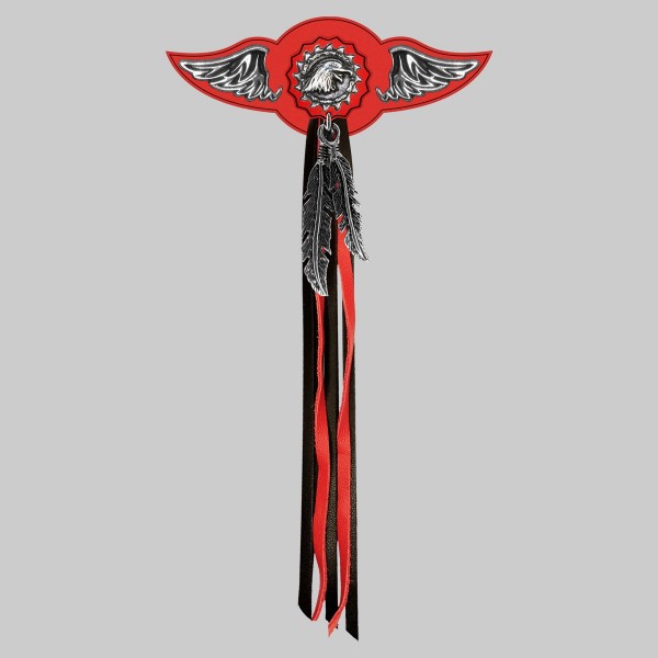 Aigle chaîne – aile à riveter cuir et motif étain - avec plumes, rondelle rouge, franges noires et rouges