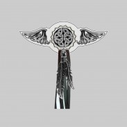 Nœud celtique – aile à riveter cuir et motif étain - avec plumes, rondelle blanche, franges noires et blanches