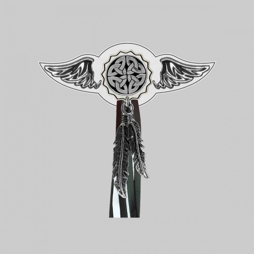 Celtic Knot – leather rivet-on wing with pewter motif - with feathers, white washer, black and white tassels
