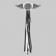 Nœud celtique – aile à riveter cuir et motif étain - avec plumes, rondelle blanche, franges noires et blanches