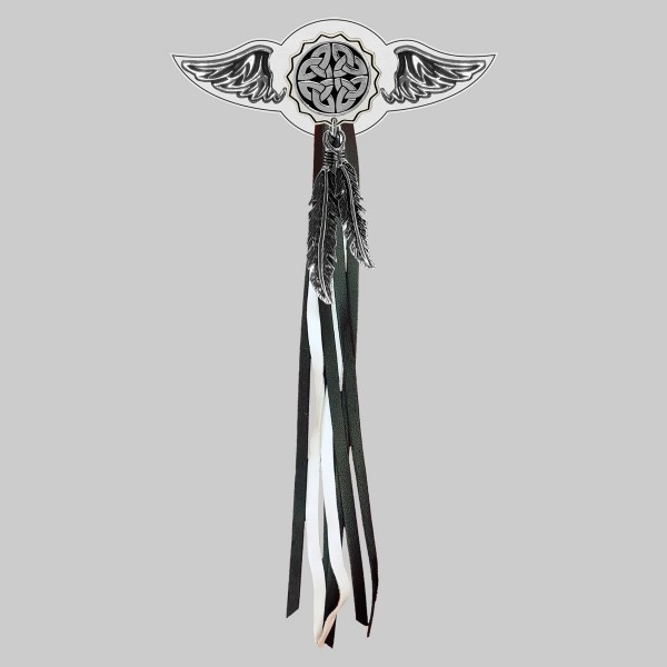 Nœud celtique – aile à riveter cuir et motif étain - avec plumes, rondelle blanche, franges noires et blanches