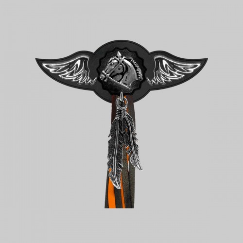 Horse – leather rivet-on wing with pewter motif - with feathers, black washer, black and orange tassels