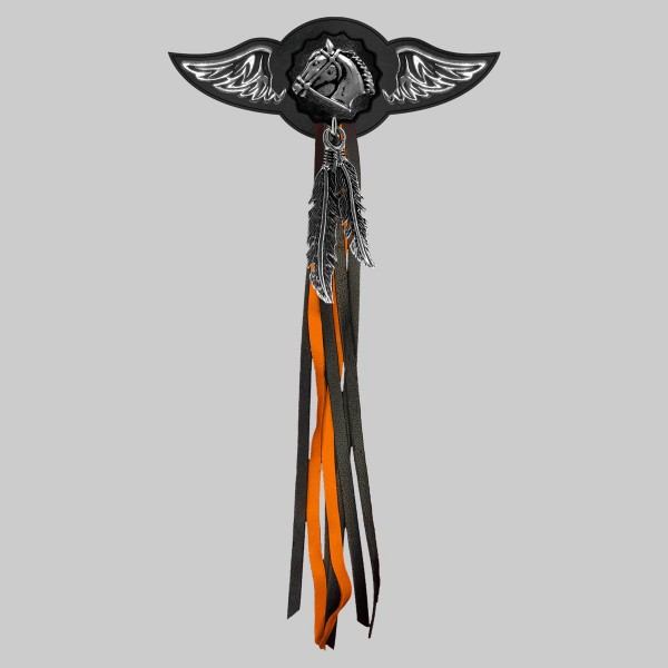 Horse – leather rivet-on wing with pewter motif - with feathers, black washer, black and orange tassels