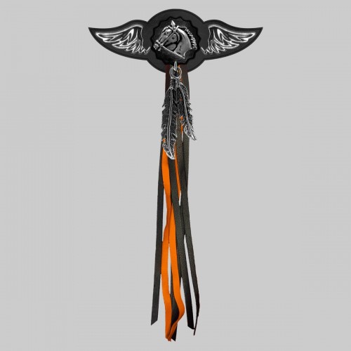 Horse – leather rivet-on wing with pewter motif - with feathers, black washer, black and orange tassels