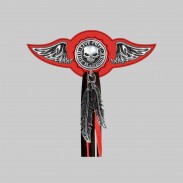 Live Free Ride Hardcore – aile à riveter cuir et motif étain - avec plumes, rondelle rouge, franges noires et rouges