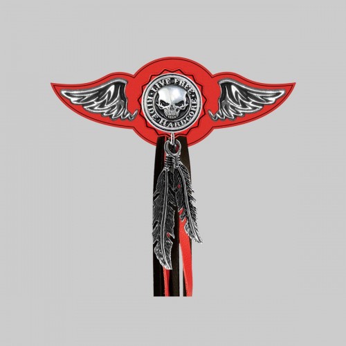 Live Free Ride Hardcore – leather rivet-on wing with pewter motif - with feathers, red washer, black and red tassels