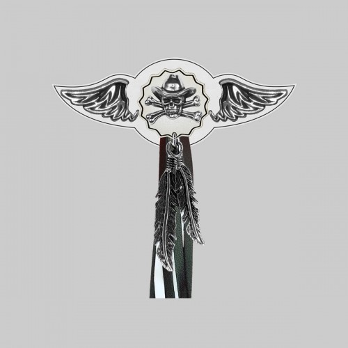 Cowboy Skull – leather rivet-on wing with pewter motif - with feathers, white washer, black and white tassels