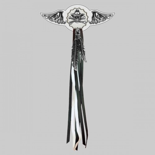 Cowboy Skull – leather rivet-on wing with pewter motif - with feathers, white washer, black and white tassels