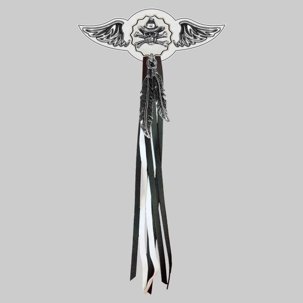 Tête de mort cowboy – aile à riveter cuir et motif étain - avec plumes, rondelle blanche, franges noires et blanches