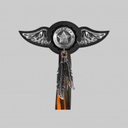Étoile de shérif – aile à riveter cuir et motif étain - avec plumes, rondelle noire, franges noires et orange