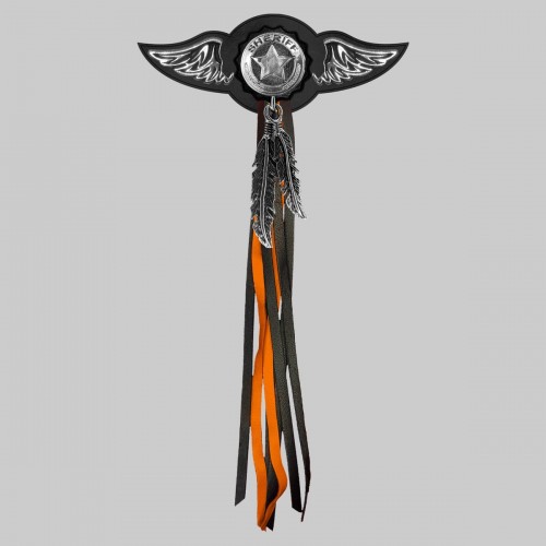 Sheriff Star – leather rivet-on wing with pewter motif - with feathers, black washer, black and orange tassels