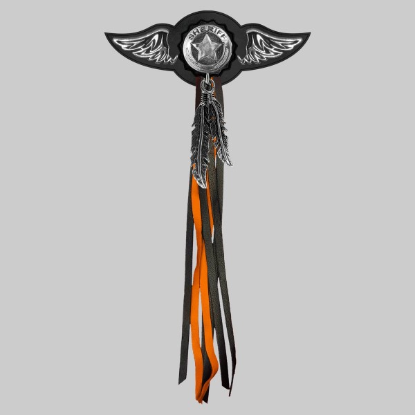 Étoile de shérif – aile à riveter cuir et motif étain - avec plumes, rondelle noire, franges noires et orange
