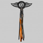 Étoile de shérif – aile à riveter cuir et motif étain - avec plumes, rondelle noire, franges noires et orange