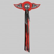 Boule 8 – aile à riveter cuir et motif étain - avec plumes, rondelle rouge, franges noires et rouges