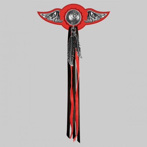 Eight Ball – leather rivet-on wing with pewter motif - with feathers, red washer, black and red tassels