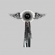 Concho onyx – aile à riveter cuir et motif étain - avec plumes, rondelle blanche, franges noires et blanches