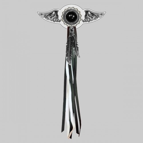 Onyx Concho – leather rivet-on wing with pewter motif - with feathers, white washer, black and white tassels