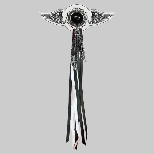 Concho onyx – aile à riveter cuir et motif étain - avec plumes, rondelle blanche, franges noires et blanches