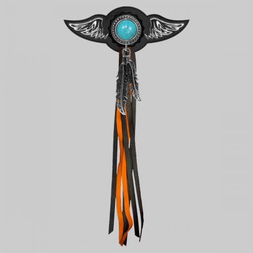 Turquoise Rope Concho – leather rivet-on wing with pewter motif - with feathers, black washer, black and orange tassels