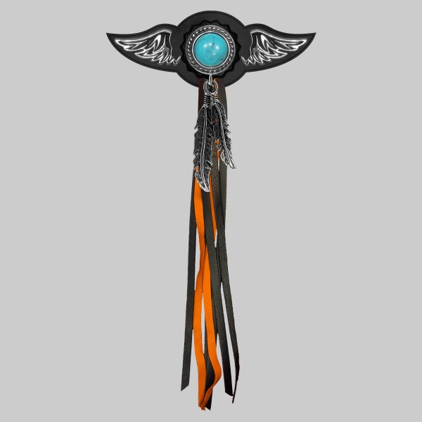 Concho turquoise torsade – aile à riveter cuir et motif étain - avec plumes, rondelle noire, franges noires et orange