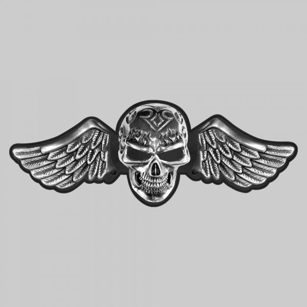 Openwork skull – large leather and pewter rivet-on wing - black leather backing